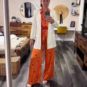 Mango Orange Floral Jumpsuit with White Blazer